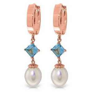 refined niobium drop earrings-9.5 Carat 14K Solid Rose Gold Hoop Earrings Natural Pearl Blue Topaz