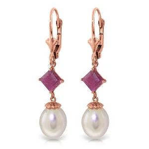 art deco aventurine earrings-9.5 Carat 14K Solid Rose Gold Leverback Earrings Natural Pearl Ruby