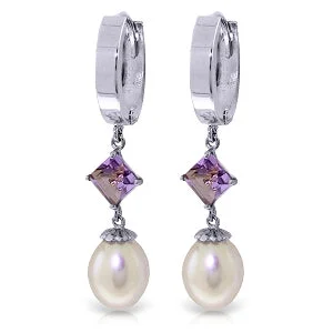 nature-themed apex ridge earrings-9.5 Carat 14K Solid White Gold Hoop Earrings Natural Pearl Amethyst