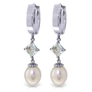 modern nebula diamond earrings-9.5 Carat 14K Solid White Gold Hoop Earrings Natural Pearl Aquamarine