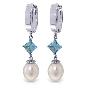 dazzling trillion-cut stud earrings-9.5 Carat 14K Solid White Gold Hoop Earrings Natural Pearl Blue Topaz