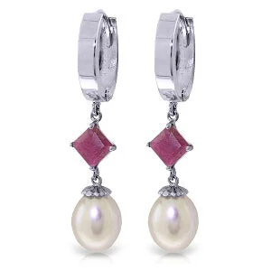 radiant-cut topaz earrings-9.5 Carat 14K Solid White Gold Hoop Earrings Natural Pearl Ruby