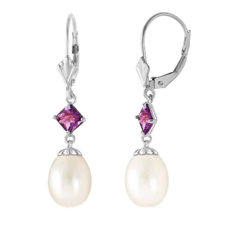 nature-themed crest ridge earrings-9.5 Carat 14K Solid White Gold Over My Head Pearl Amethyst Earrings