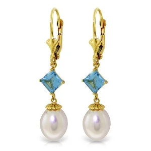 modern sleek apex peak earrings-9.5 Carat 14K Solid Yellow Gold Blue Daffodil Blue Topaz Pearl Earrings