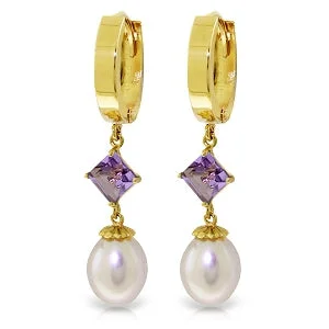 polished silver nebula earrings-9.5 Carat 14K Solid Yellow Gold Hoop Earrings Natural Pearl Amethyst