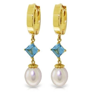 adjustable steel stud earrings-9.5 Carat 14K Solid Yellow Gold Hoop Earrings Natural Pearl Blue Topaz