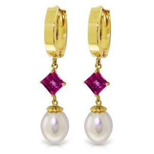 art deco agate earrings-9.5 Carat 14K Solid Yellow Gold Hoop Earrings Natural Pearl Pink Topaz