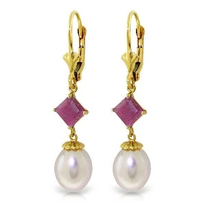 modern sculpted drop earrings-9.5 Carat 14K Solid Yellow Gold Leverback Earrings Natural Pearl Ruby