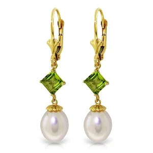 modern tiered topaz earrings-9.5 Carat 14K Solid Yellow Gold Spring Fever Peridot Pearl Earrings