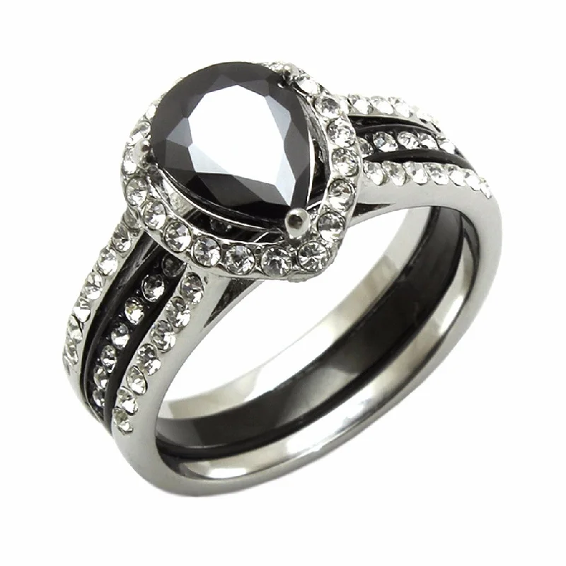 adjustable cedar ridge ring-9x7mm Black Pear Cut CZ Two Tone Black Stainless Steel Wedding Ring Set