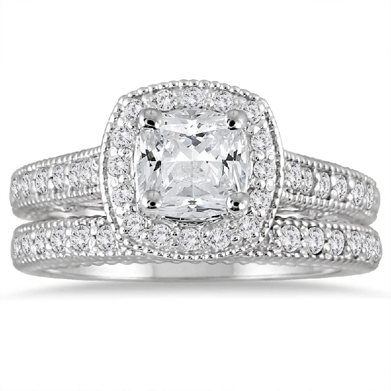 vintage-style sunstone ring-AGS Certified 1 5/8 Carat TW Cushion Diamond Halo Bridal Set in 14K White Gold