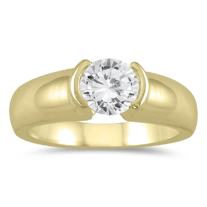 minimalist ridge peak ring-AGS Certified 3/4 Carat Half Bezel Diamond Solitaire Ring in 14K Yellow Gold (H-I Color, I1-I2 Clarity)