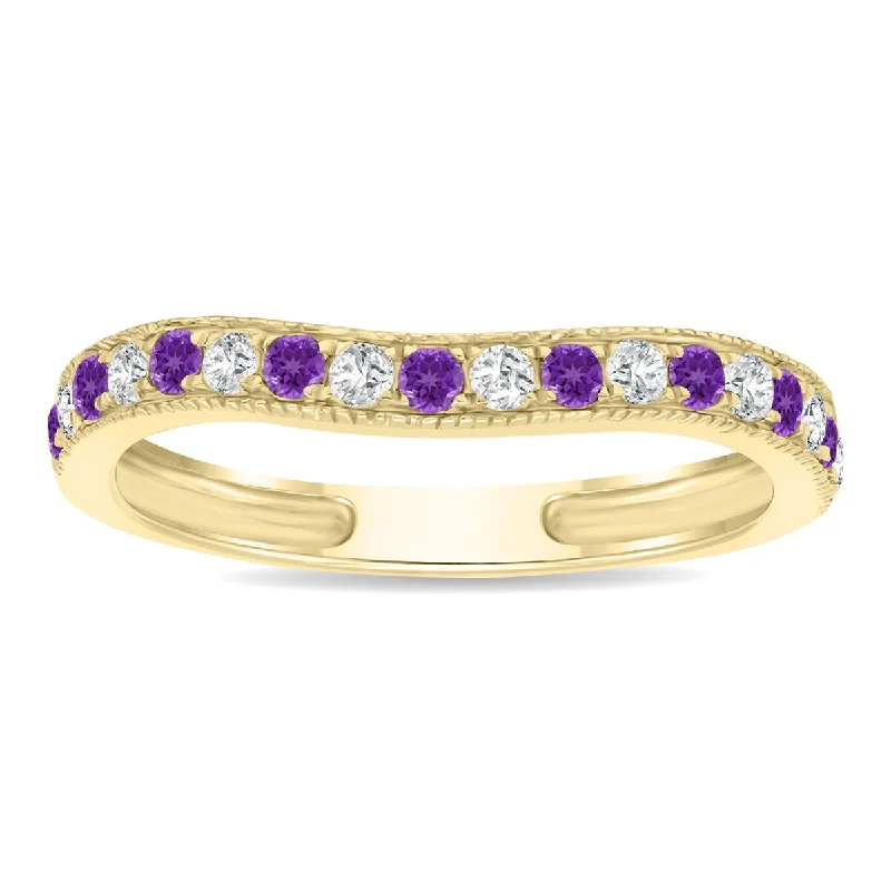 bohemian apex peak ring-Amethyst and Diamond Channel Set Wedding Band in 10K Yellow Gold