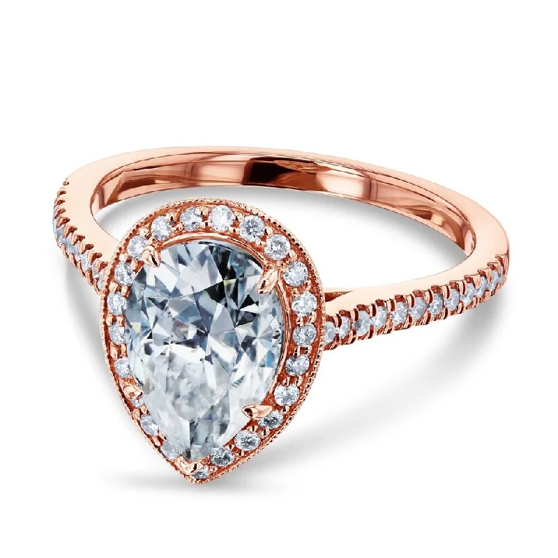 adjustable twig ridge ring-Annello by Kobelli 14k Rose Gold 2 1/10ct Pear Moissanite and 1/3ct TDW Round Diamond Halo Engagement Ring