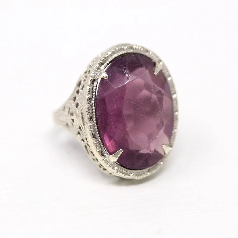 vintage-inspired opal ring-Art Deco Ring - Vintage Sterling Silver Simulated Amethyst Cocktail Statement - Circa 1930s Purple Hue Glass Filigree 30s Size 4.5 Jewelry