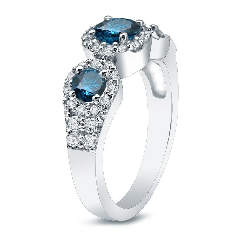 adjustable apex peak ring-Auriya 14k Gold 1 1/5ctw 3-Stone Halo Blue Diamond Engagement Ring (G-H, I1-I2)