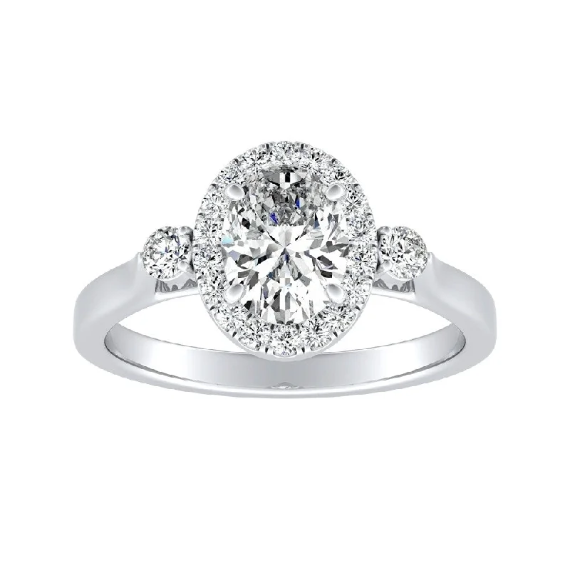 bold ruby peak ridge ring-Auriya Platinum 3-stone Halo Oval Diamond Engagement Ring 3/4ctw (I-J, I1-I2)