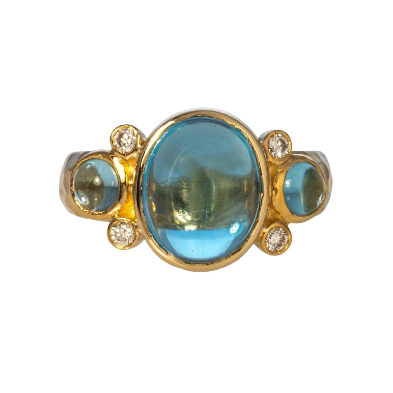 adjustable ridge peak ring-Blue Topaz Cabochon & Diamond 14K Yellow Gold Ring