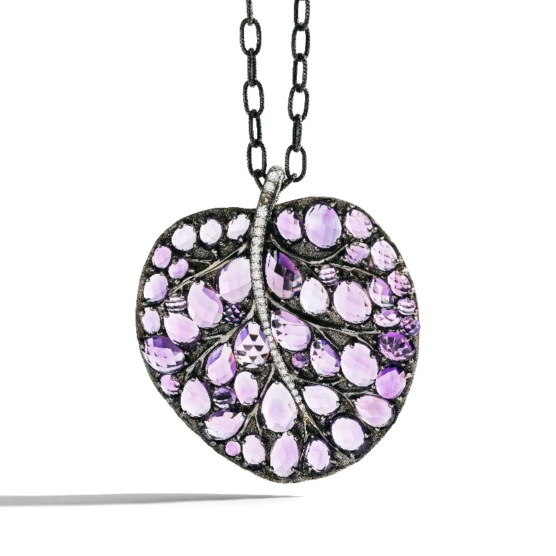 artisan-crafted gold necklace-Botanical Leaf 53mm Necklace with Amethyst and Diamonds