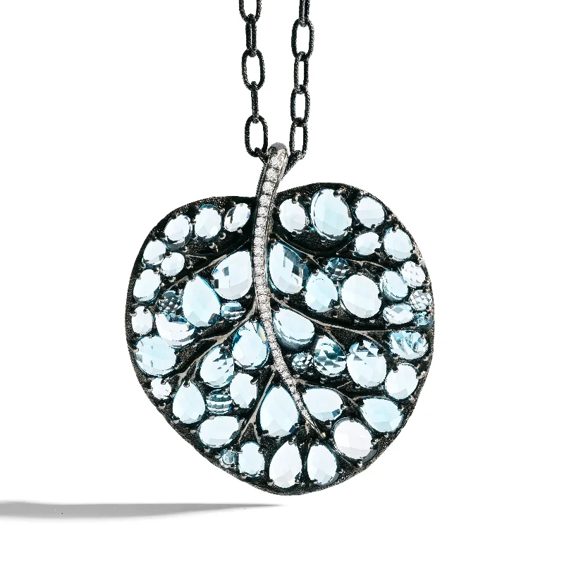 vintage-style agate necklace-Botanical Leaf 53mm Necklace with Blue Topaz and Diamonds