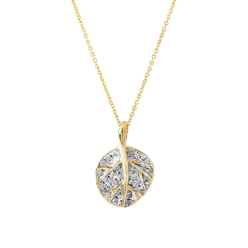 distressed rose layered necklace-Botanical Leaf Pave Pendant w/ Diamonds in 18K Yellow Gold