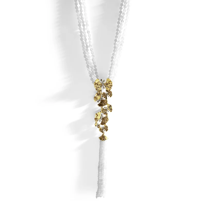 minimalist crest peak necklace-Butterfly Ginkgo Tassel Necklace with Moonstone and Diamonds