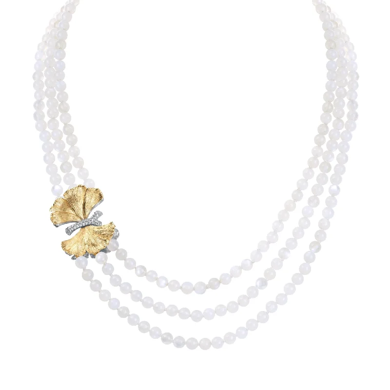 adjustable steel choker necklace-Butterfly Ginkgo Multi Strand Necklace with Moonstone and Diamonds