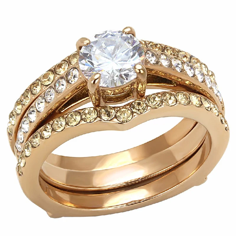 vintage-style sapphire ring-Clear CZ Center with Clear & Champagne Crystal Rose Gold IP Stainless Steel Ring Set