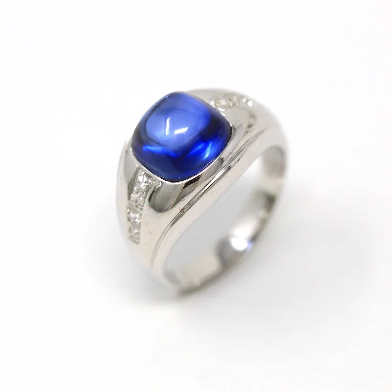 polished silver nebula ring-Created Sapphire Ring - Mid Century 14k White Gold Cabochon Cut Blue Stone - Vintage Circa 1950s Era .08 CTW Diamonds Fine Unisex Jewelry