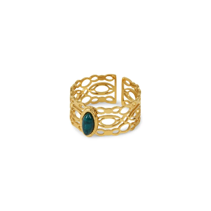 adjustable flare ring-Malachite Oval Stone Ring - Gold