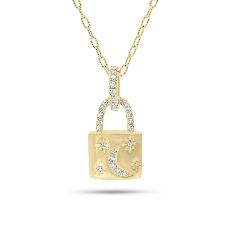 bold emerald peak ridge necklace-Diamond Moon & Stars Padlock Pendant