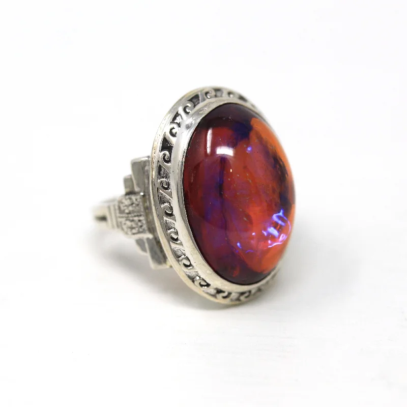 inscribed legacy ring-Dragon's Breath Ring - Art Deco Sterling Silver Orange Purple Blue Art Glass - Antique Circa 1930s Era Oval Cabochon Cut 30s Jewelry