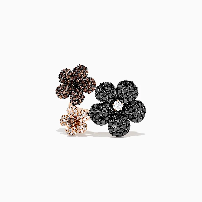 polished gold tier ring-14K Rose Gold Black, Espresso & White Diamond Flower Ring, 2.47 TCW