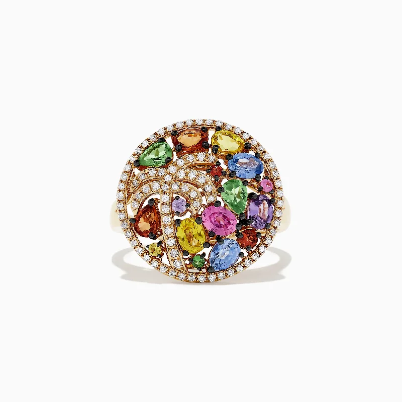 floral-inspired agate ring-14K Yellow Gold Multi Sapphire and Diamond Palm Tree Ring, 2.42 TCW