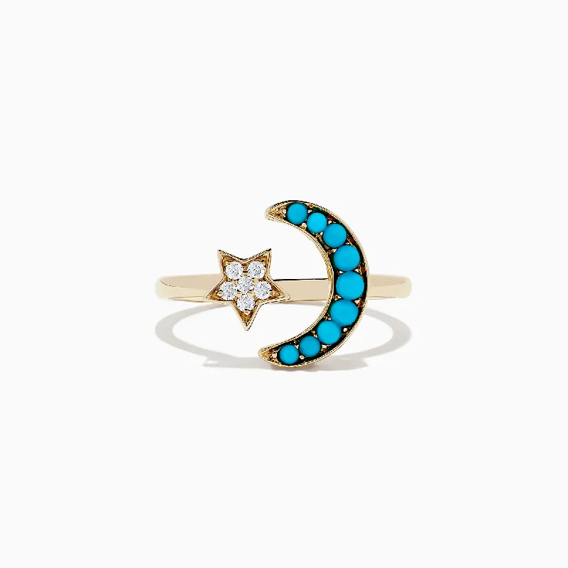 inscribed tradition ring-14K Yellow Gold Turquoise and Diamond Moon and Star Ring, 0.32 TCW