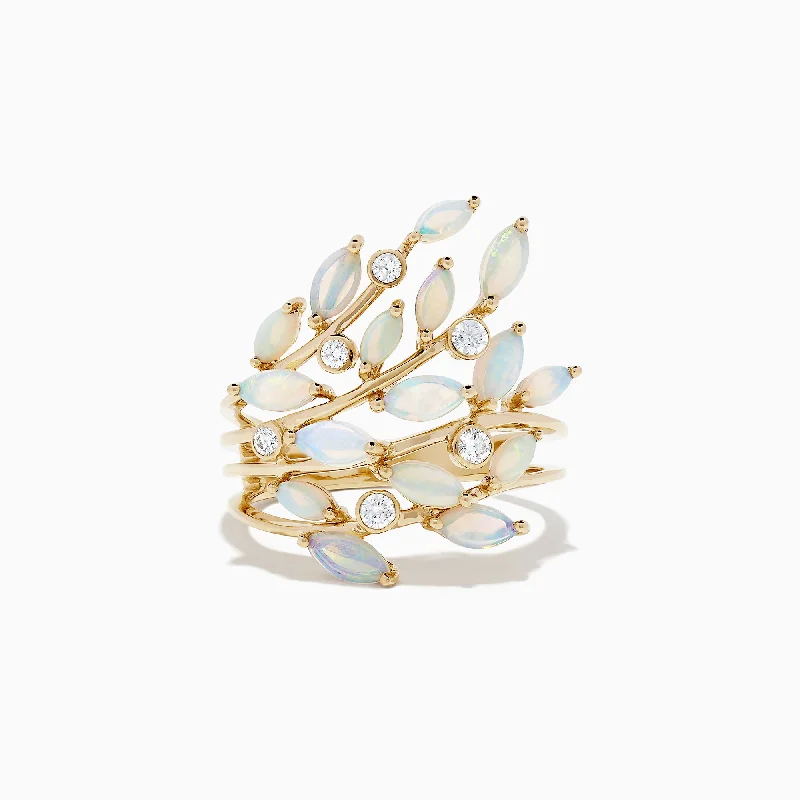 artisan-crafted rose ring-Aurora 14K Yellow Gold Opal and Diamond Filagree Leaf Ring, 1.81 TCW