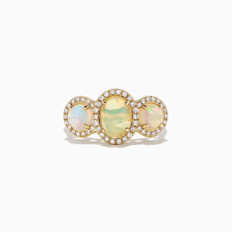 floral-inspired carnelian ring-Aurora 14K Yellow Gold Three Stone Opal and Diamond Ring, 2.39 TCW