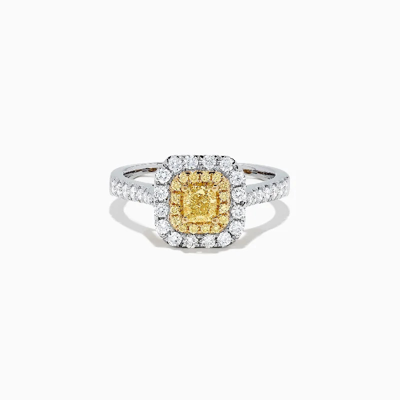 bohemian glyph ring-Canare 18K Two Tone Gold Cushion Double Halo Yellow Diamond Ring, 0.97 TCW