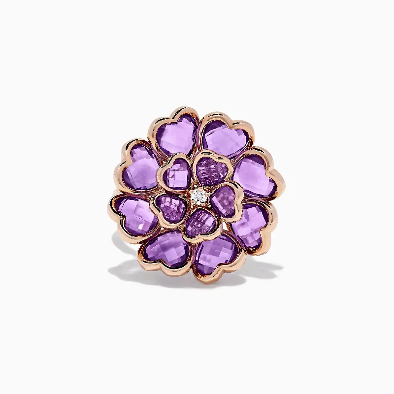 modern contoured band ring-Nature 14K Rose Gold Amethyst and Diamond Flower Ring, 7.79 TCW