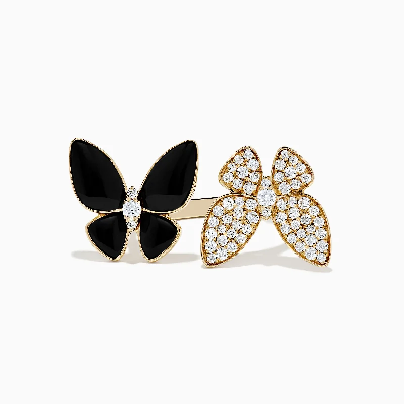 polished rose tier ring-Nature 14K Yellow Gold Onyx and Diamond Butterfly Ring, 1.86 tcw