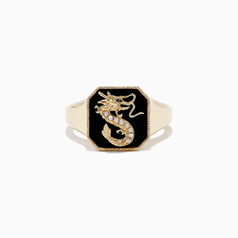 bohemian summit crest ring-Novelty 14K Yellow Gold Onyx and Diamond Dragon Signet Ring, 1.91 TCW