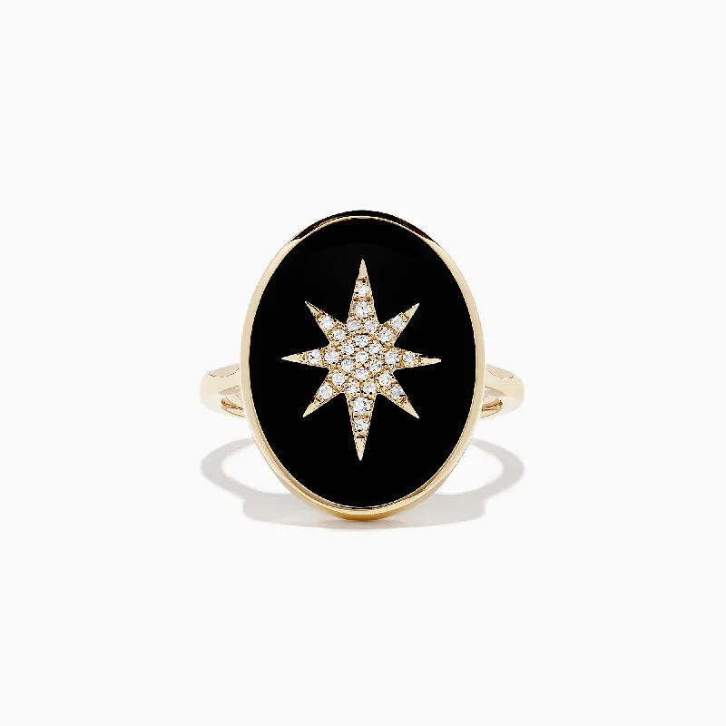 raw agate accent ring-Novelty 14K Yellow Gold Onyx and Diamond Star Coin Ring, 7.38 TCW