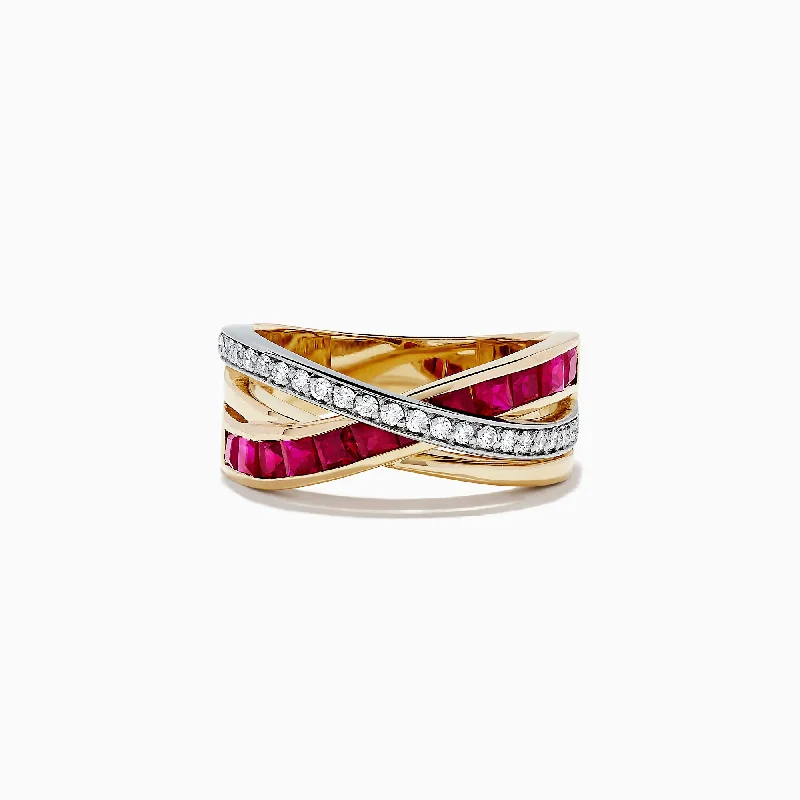 floral-inspired aventurine ring-Ruby Royale 14K Two Tone Gold Ruby and Diamond Crossover Band, 1.48 TCW