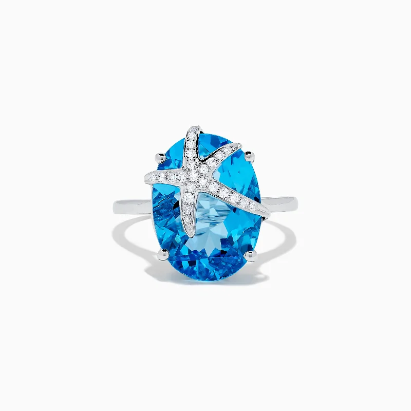 bohemian crest peak ring-Seaside 14K Gold Blue Topaz and Diamond Starfish Ring, 13.74 TCW