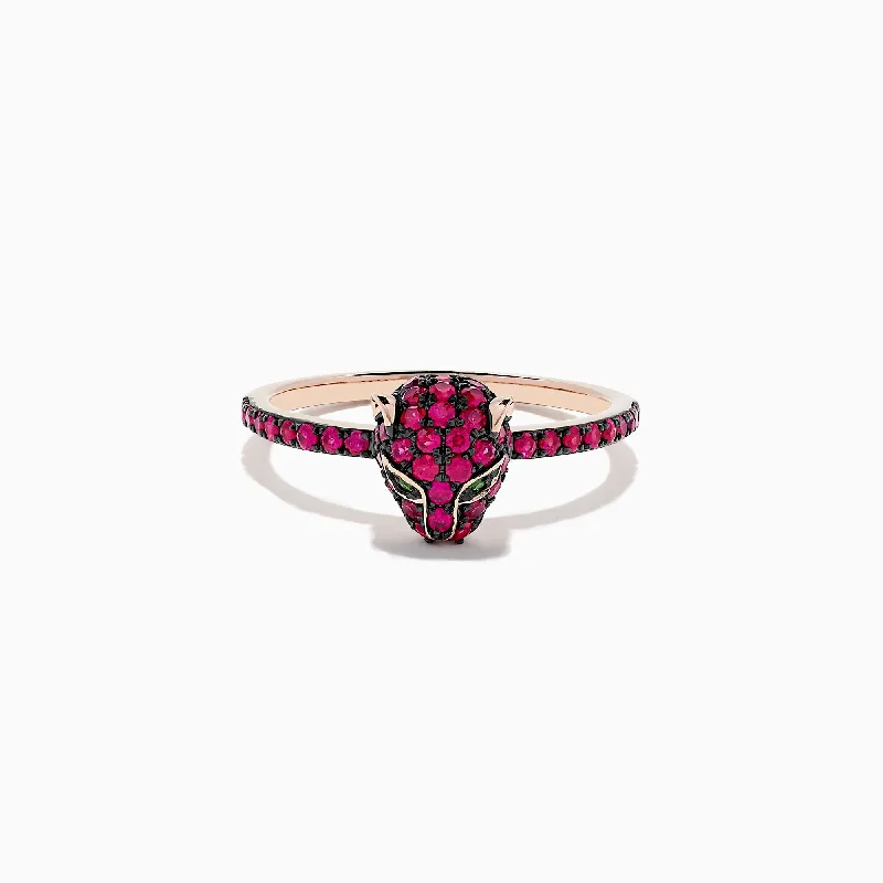 adjustable summit peak ring-Signature 14K Rose Gold Ruby and Tsavorite Panther Ring, 0.59 TCW