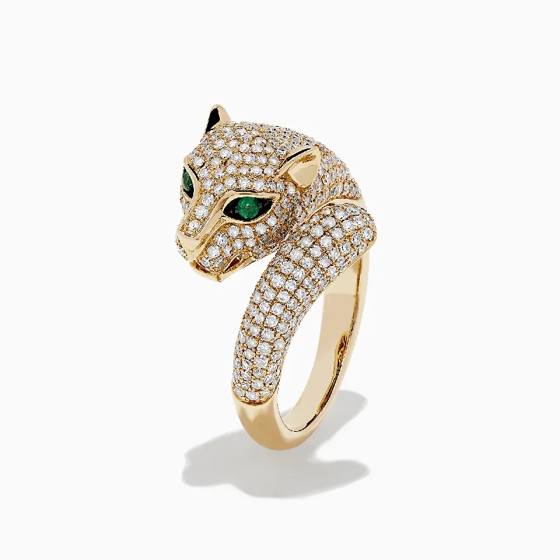 eight-stone promise ring-Signature 14K Yellow Gold Diamond and Emerald Panther Ring, 1.43 TCW