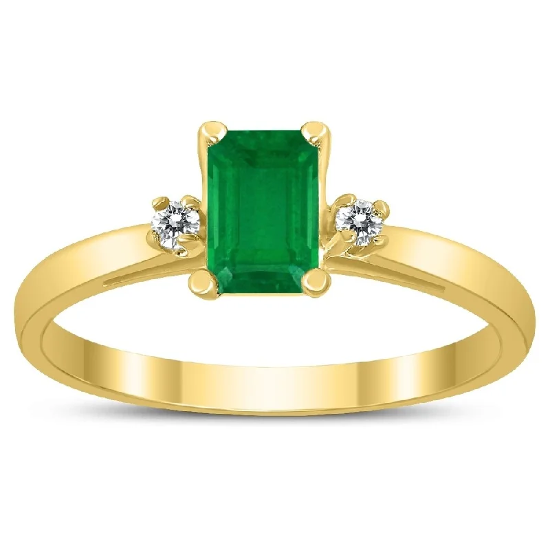 vintage-style turquoise ring-Emerald Cut 6X4MM Emerald and Diamond Three Stone Ring in 10K Yellow Gold