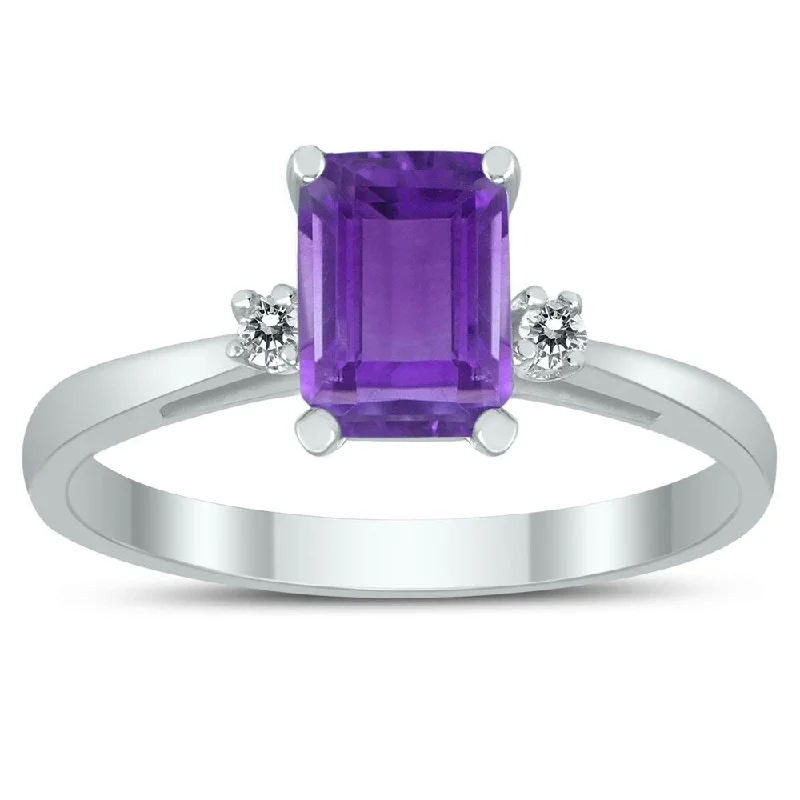 inscribed legacy ring-Emerald Cut 7X5MM Amethyst and Diamond Three Stone Ring in 10K White Gold