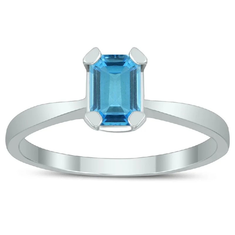 polished silver tier ring-Emerald Shaped 6X4MM Blue Topaz Solitaire Ring in 10K White Gold