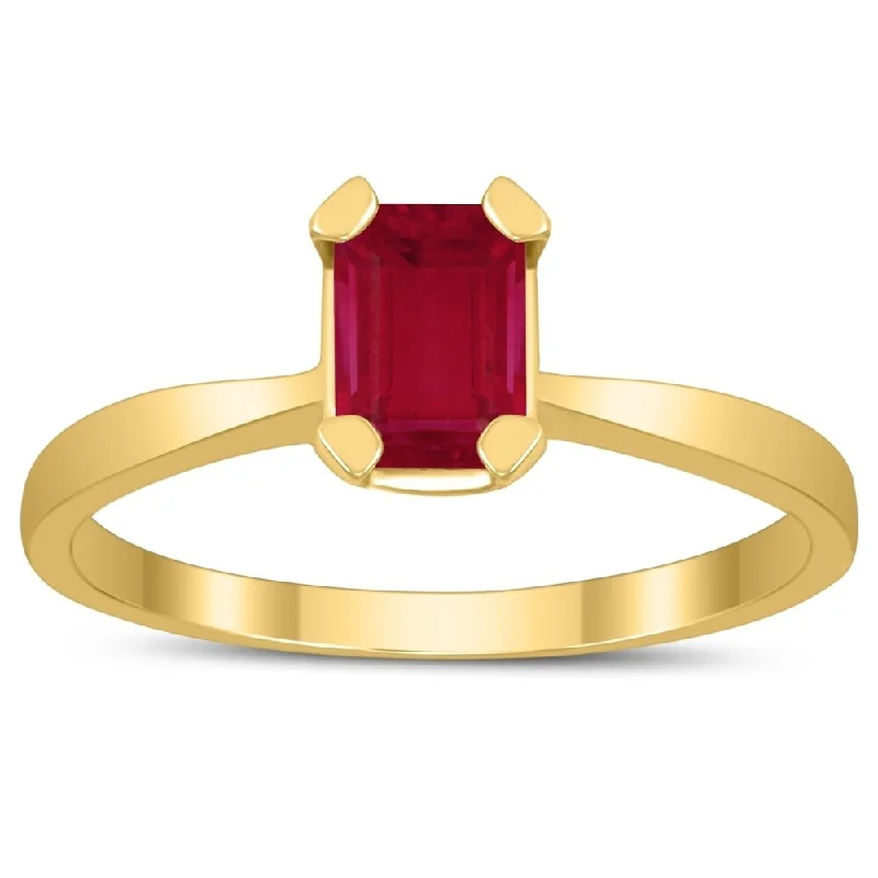 artisan-crafted agate ring-Emerald Shaped 6X4MM Ruby Solitaire Ring in 10K Yellow Gold